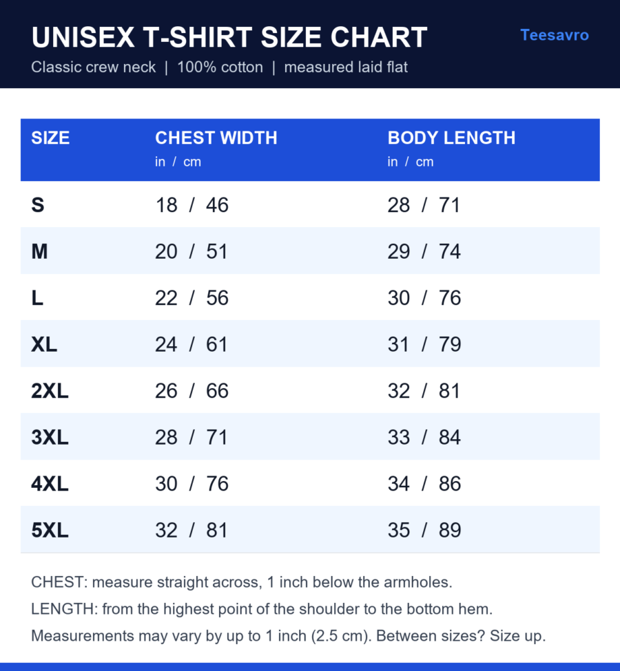 Unisex T-shirt size chart